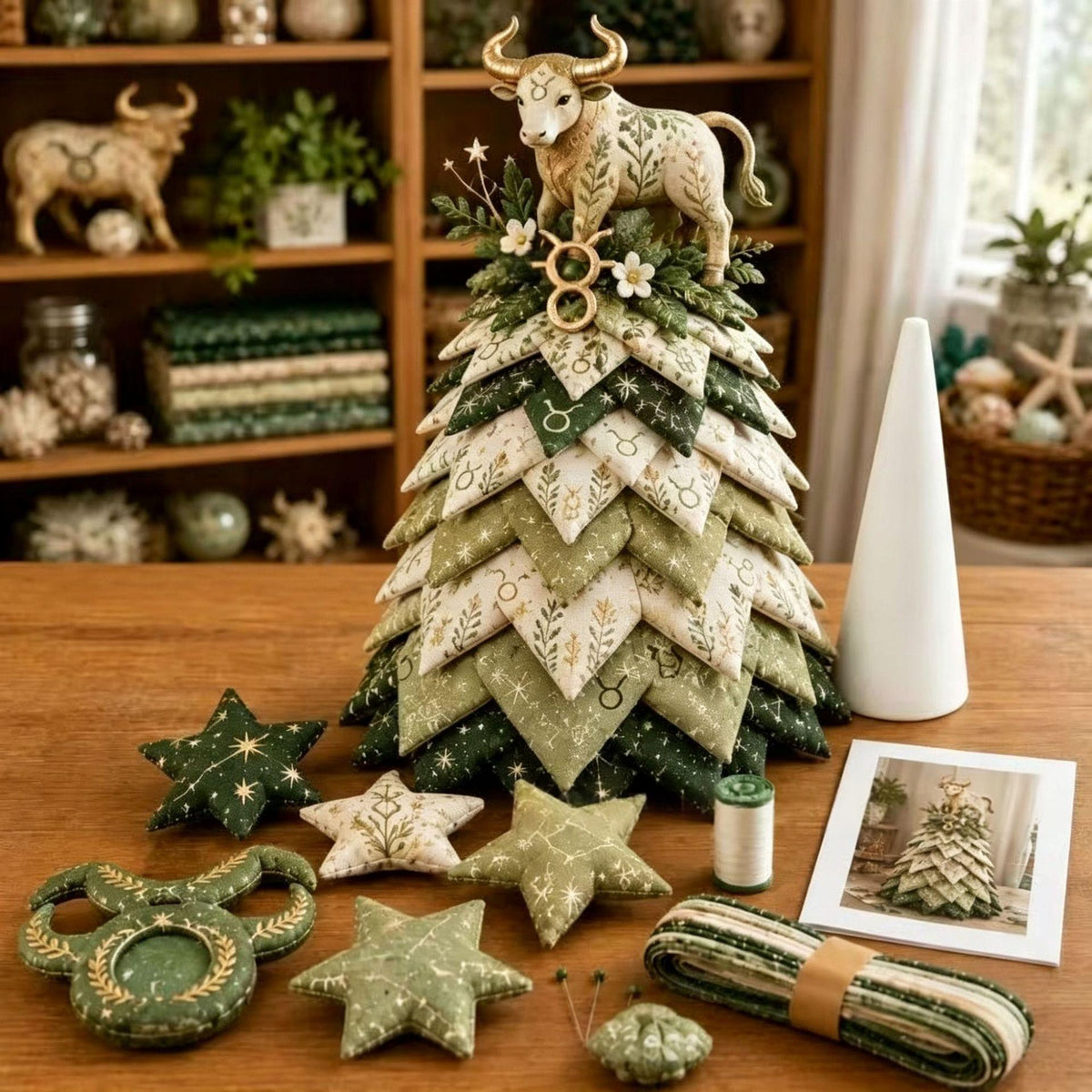 A styled tabletop display of handmade quilted fabric ornaments and a decorative fabric Christmas tree. The tree is made of layered sage green and cream quilted fabric with gold embroidered patterns, topped with a small cream-colored bull figurine.