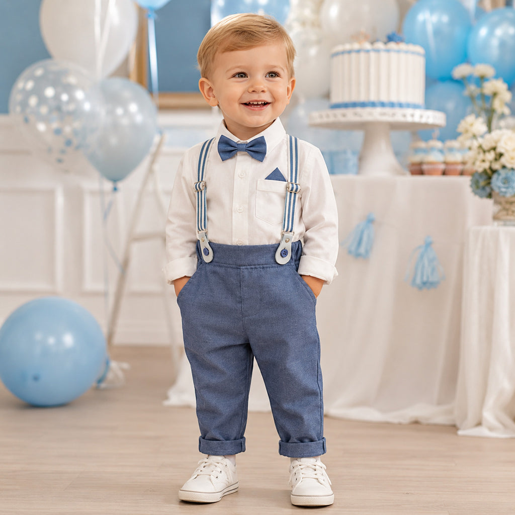 A young toddler boy stands smiling in a decorated party setting, wearing a white long-sleeve shirt, blue suspenders, blue trousers, a blue bow tie, and white sneakers.