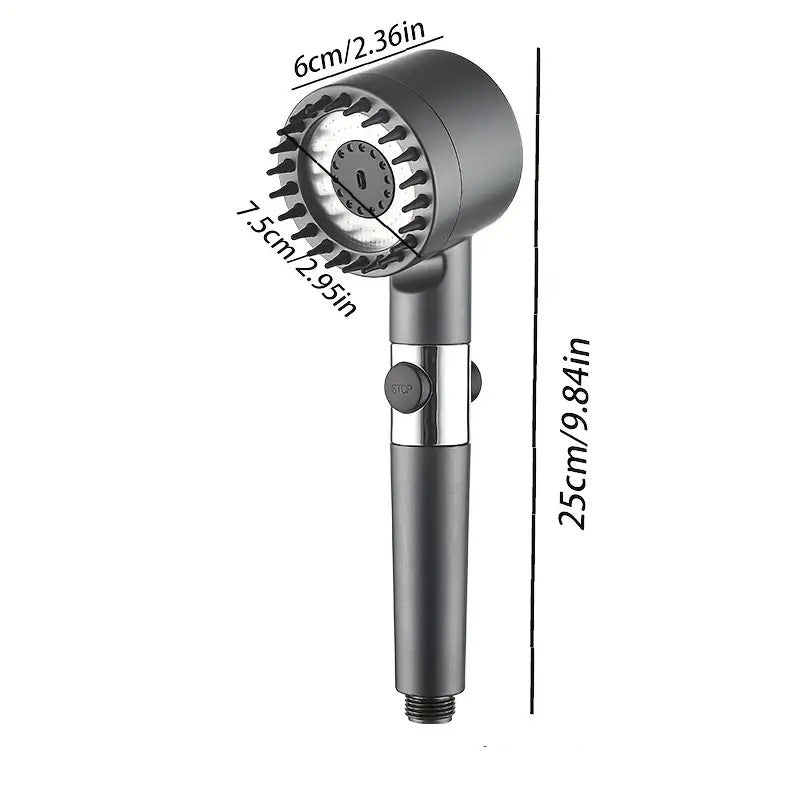Gunmetal filtering shower head front view with massage nozzles and chrome accent on white background