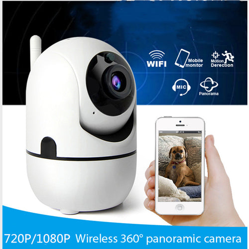 1080P WiFi indoor dome security camera with mobile phone remote viewing, motion detection, MIC, and panoramic monitoring – lifestyle feature graphic