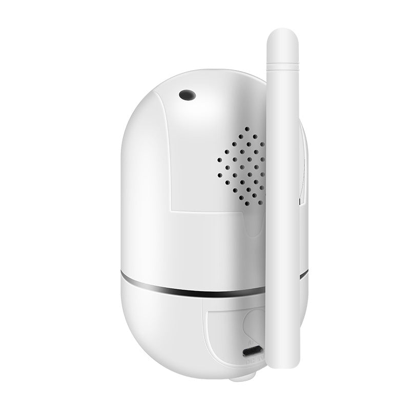 White 1080P WiFi indoor security camera – rear and side view showing speaker grille, WiFi antenna, and USB port