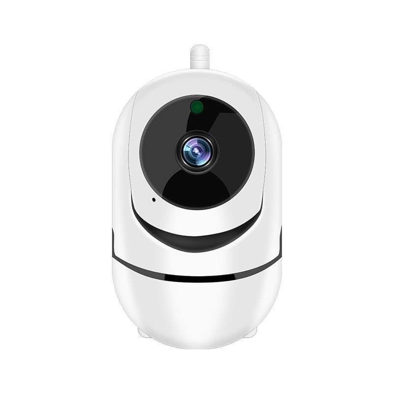 White 1080P WiFi indoor dome security camera with 3.6mm lens, motion detection, and WiFi antenna – front view on white background