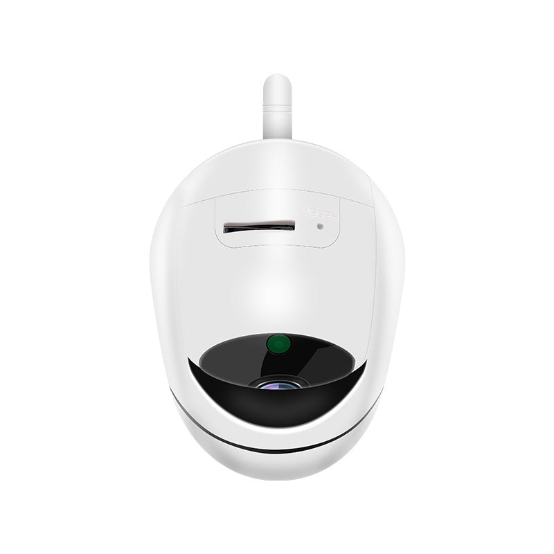White 1080P WiFi indoor dome security camera – top-down view showing SD card slot, lens, and status indicator light