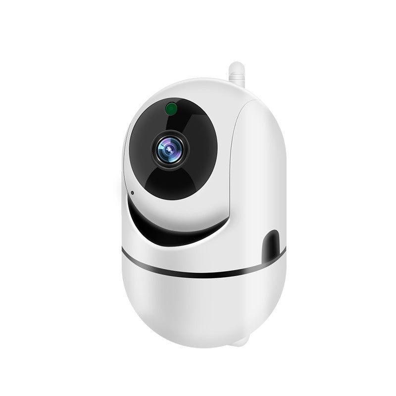 White 1080P WiFi indoor dome security camera – angled front view showing lens, motion sensor, and WiFi antenna on white background
