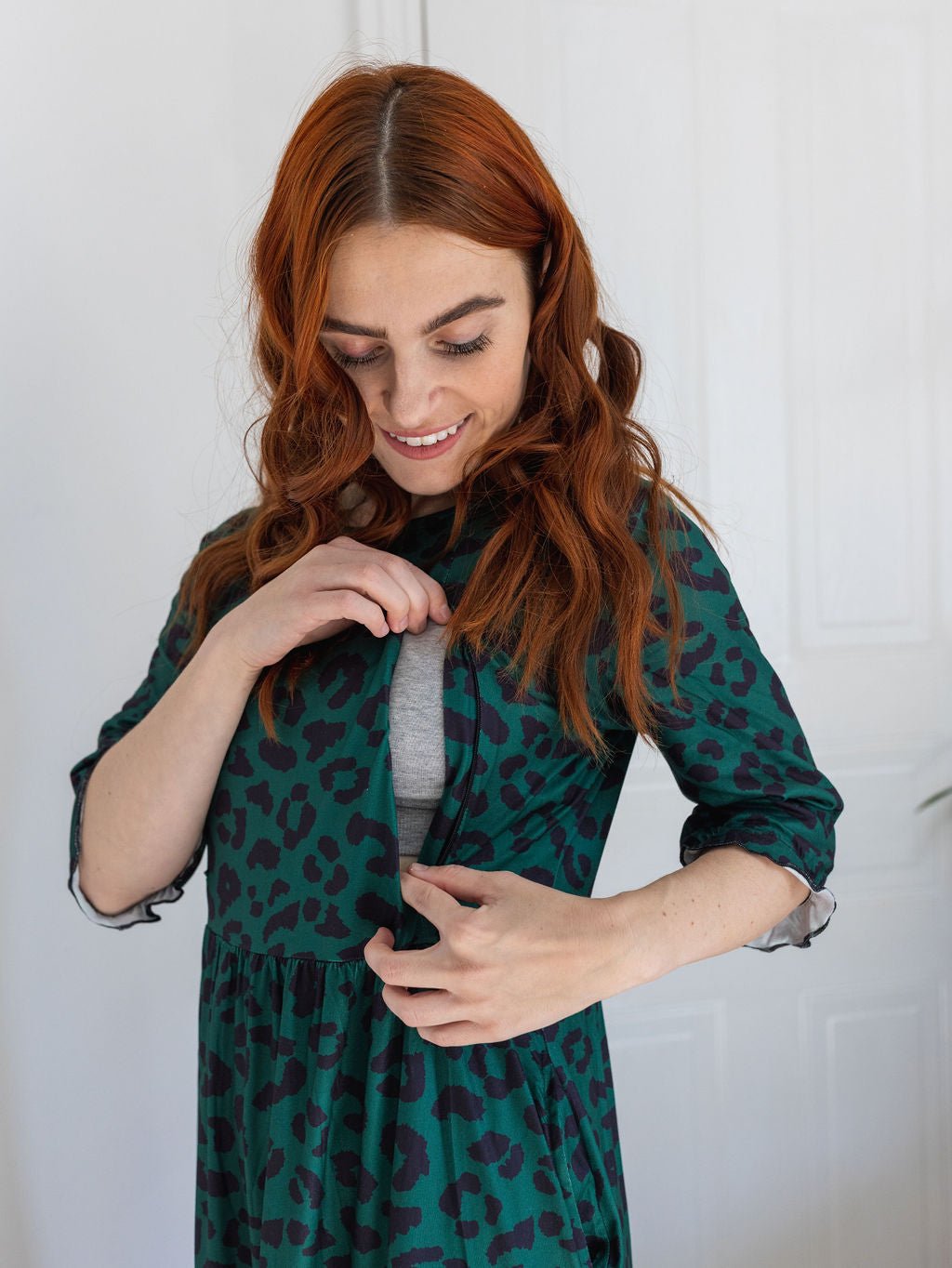 The Midi Breastfeeding Dress - Green Leopard