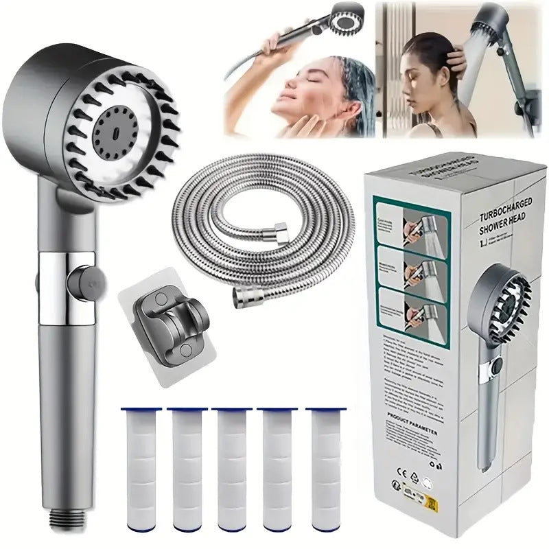 Gunmetal massage filter shower head set with 1.5m hose, bracket and 5 filter cartridges on white background