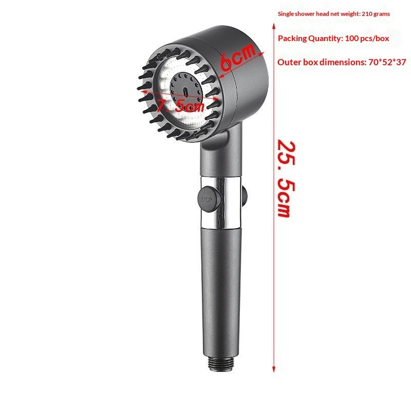 Gunmetal pressurized shower head angled view with chrome mid-section and threaded base on white background