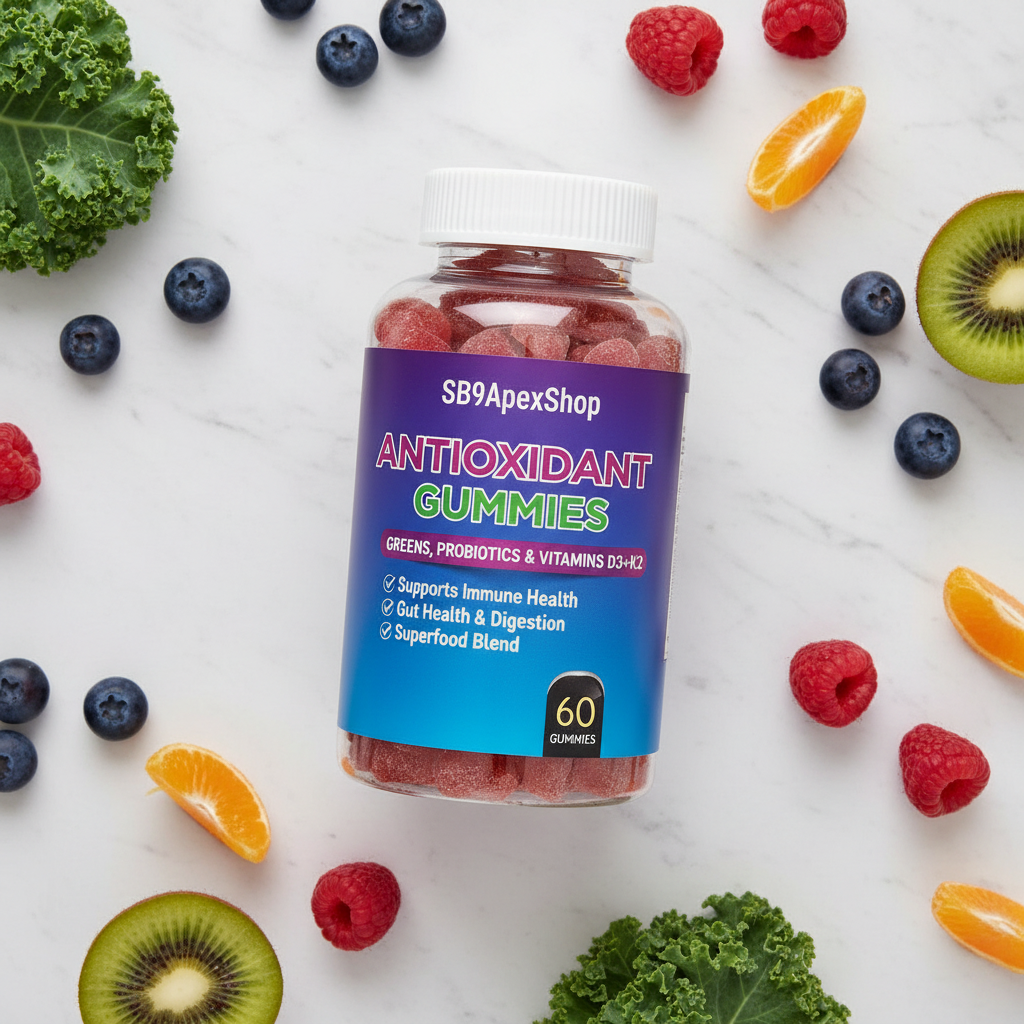 A bottle of SB9ApexShop Antioxidant Gummies arranged on a white marble surface with scattered blueberries, raspberries, kiwi slices, orange wedges, and kale leaves around it.