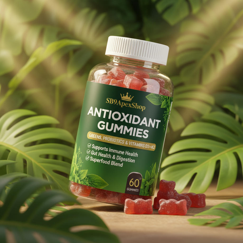 A bottle of SB9 Apex Shop Antioxidant Gummies with red gummy bears visible inside, set on a wooden surface surrounded by lush green tropical leaves.