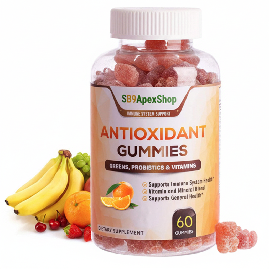 A bottle of SB9ApexShop Antioxidant Gummies displayed on a clean white background, surrounded by fresh fruits like bananas, oranges, cherries, and strawberries. The clear bottle shows the pinkish-red gummy candies inside, and the label highlights greens, probiotics, and vitamins.