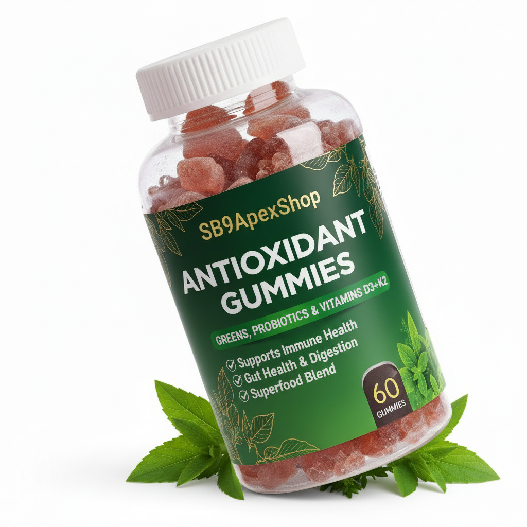 A bottle of SB9ApexShop Antioxidant Gummies with a white cap and green label, shown on a white background with mint leaves at the base.