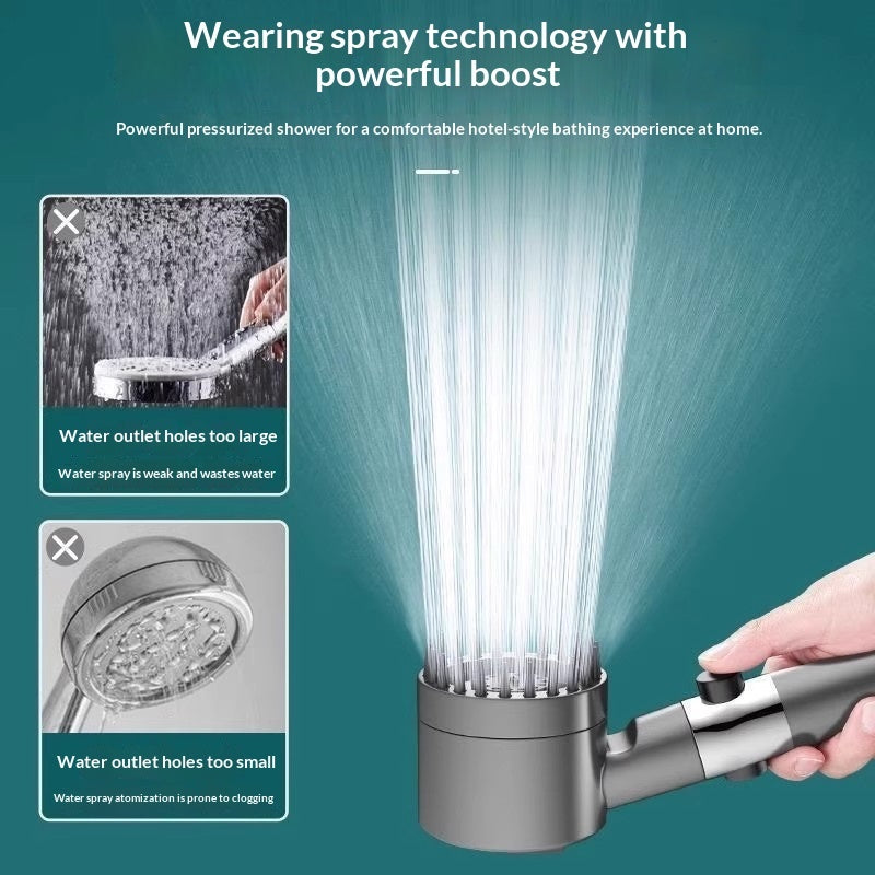 Gunmetal turbocharged shower head front view showing massage bristles and chrome mid-section on white background