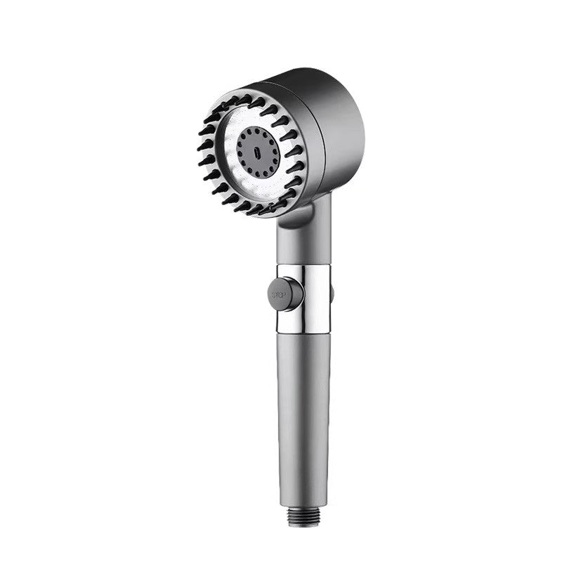 Gunmetal shower head angled side view showing chrome band, stop button and threaded connector