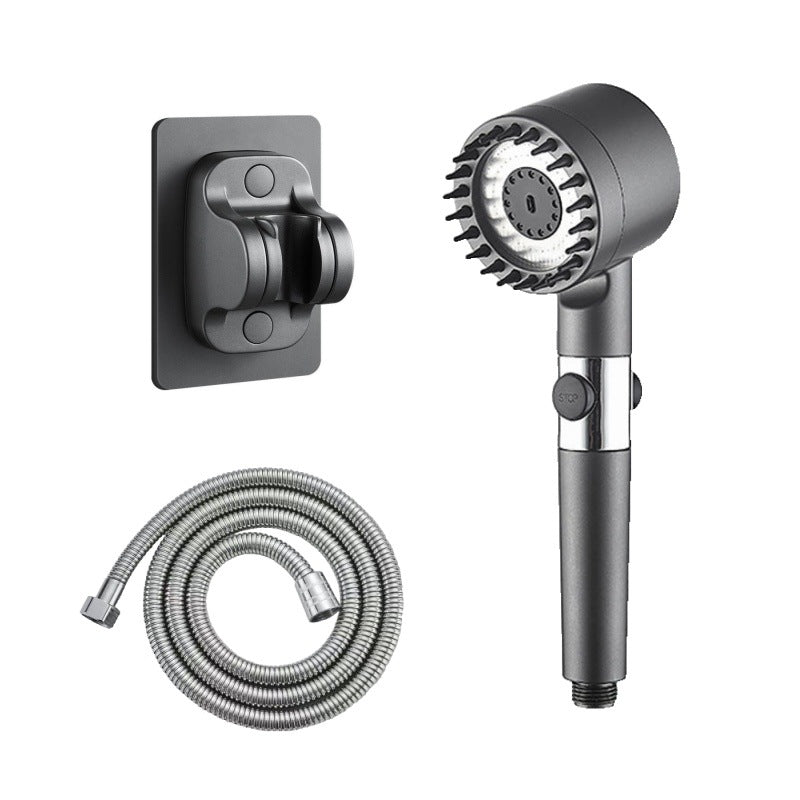 Gunmetal shower head complete set with 1.5m stainless steel hose and wall-mount bracket on white background
