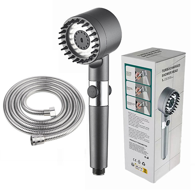 Gunmetal shower head with 1.5m hose and retail color box packaging on white background