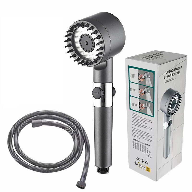 Gunmetal turbocharged shower head with 1.5m gunmetal hose and retail box on white background