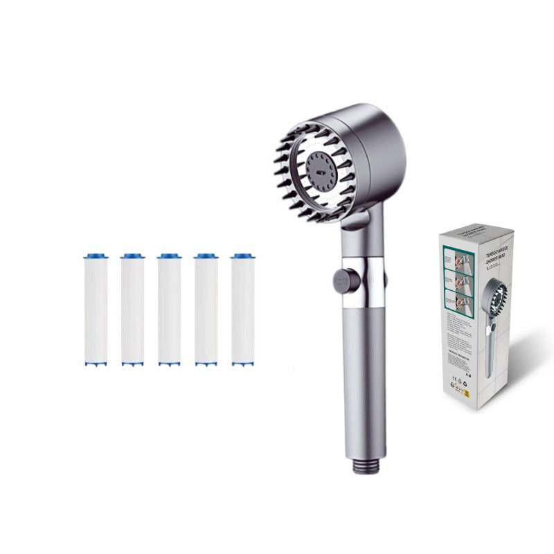 Gunmetal shower head with 5 replacement filter cartridges and retail box on white background