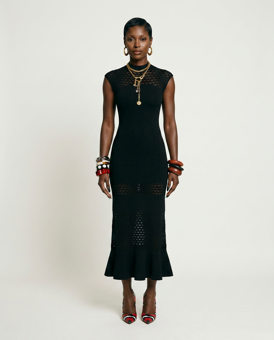 Elegant Knit Ruffled Maxi Dress