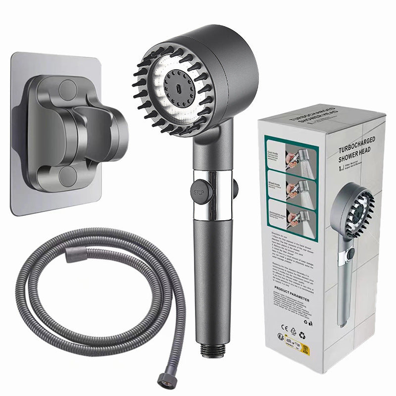 Gunmetal turbocharged shower head set with gunmetal hose, wall bracket and retail packaging box